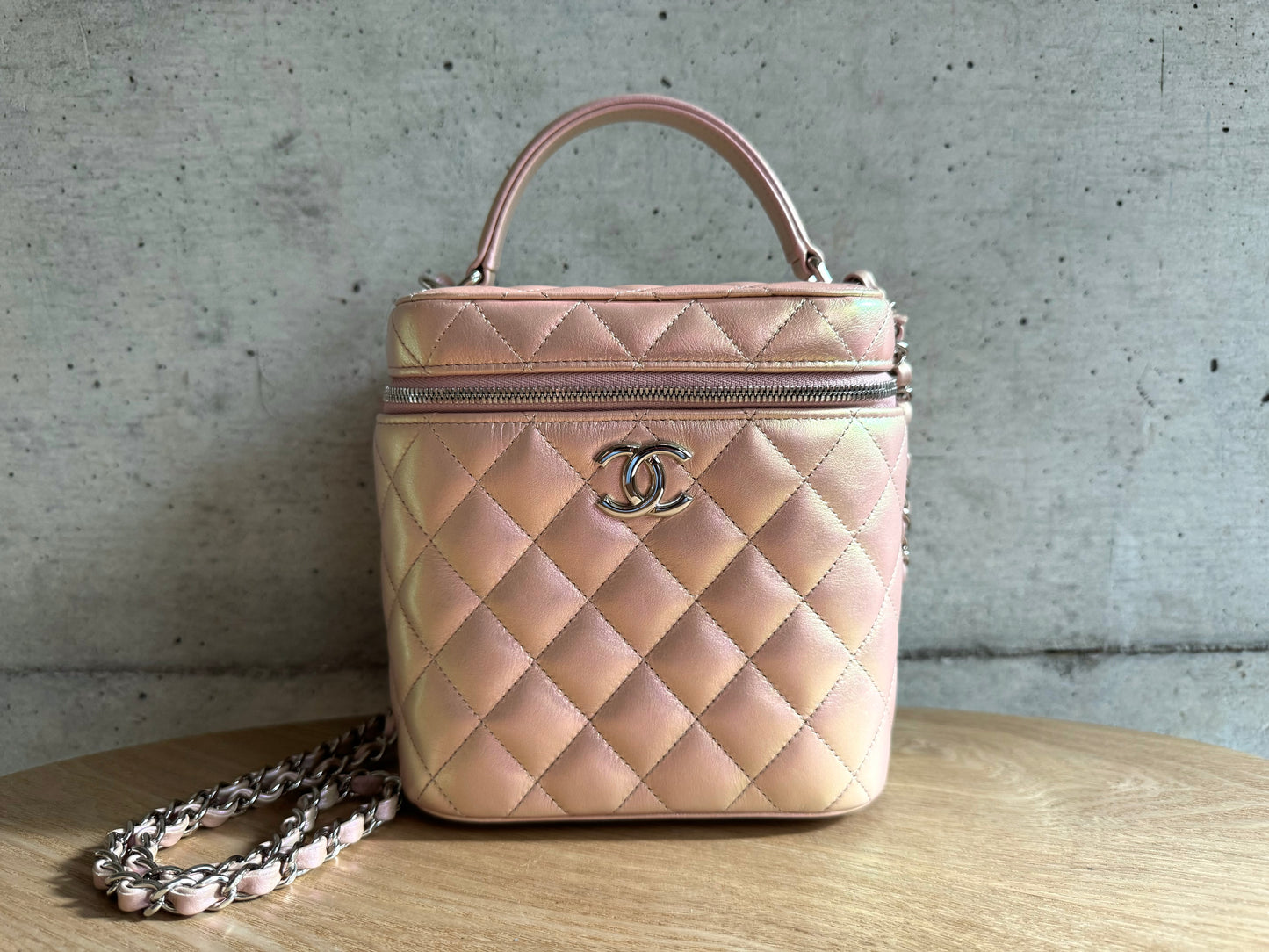 CHANEL Iridescent Calfskin Quilted Small Top Handle Vanity Case With Chain