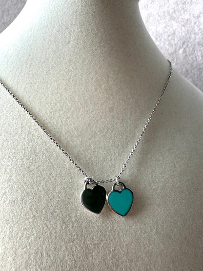 TIFFANY & CO. Sterling Silver Enamel Return to Tiffany Double Mini Heart Tag Pendant Necklace