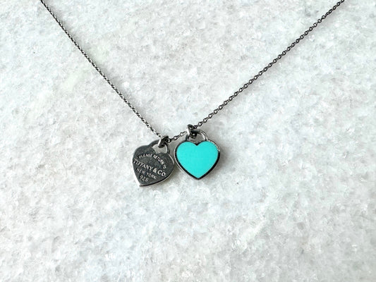 TIFFANY & CO. Sterling Silver Enamel Return to Tiffany Double Mini Heart Tag Pendant Necklace