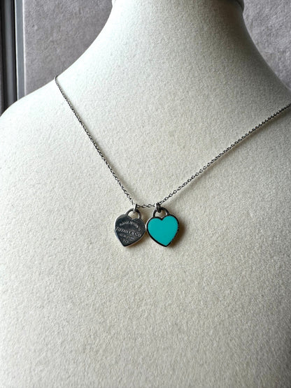 TIFFANY & CO. Sterling Silver Enamel Return to Tiffany Double Mini Heart Tag Pendant Necklace