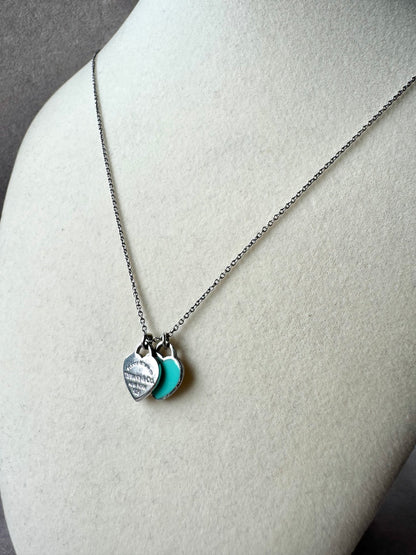 TIFFANY & CO. Sterling Silver Enamel Return to Tiffany Double Mini Heart Tag Pendant Necklace