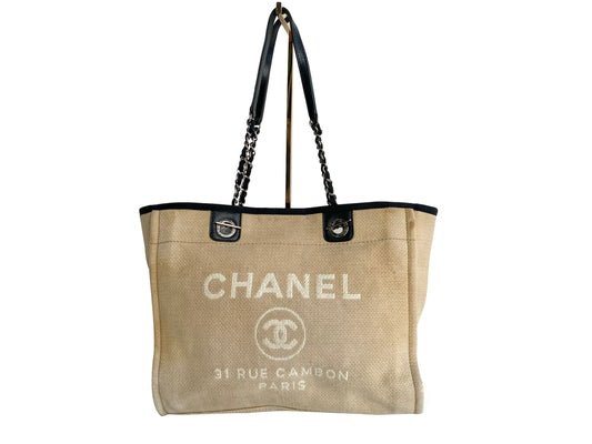 CHANEL Canvas Small Deauville Tote Beige