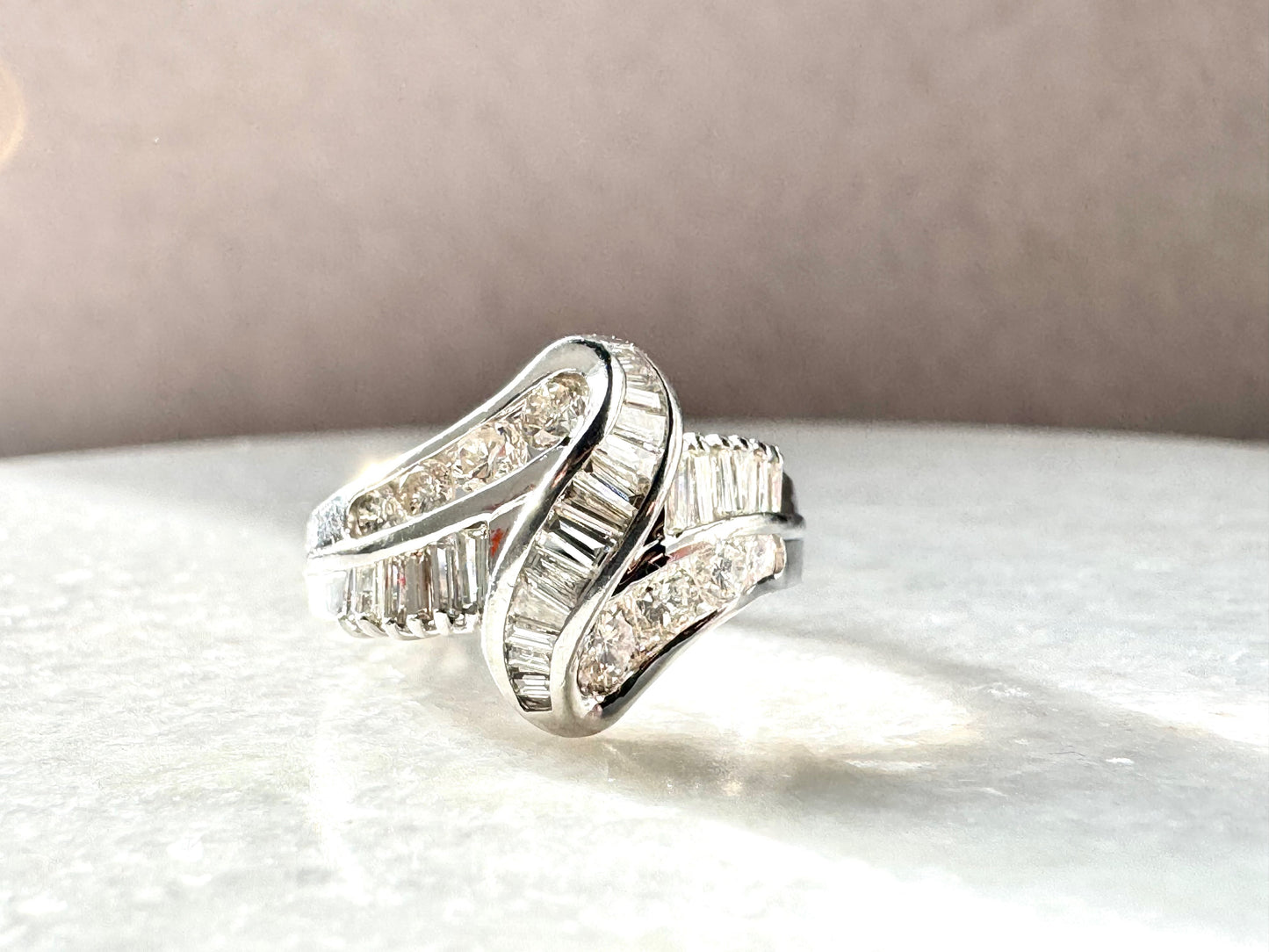 Platinum Ring with 1ct Baguette and Round Diamonds