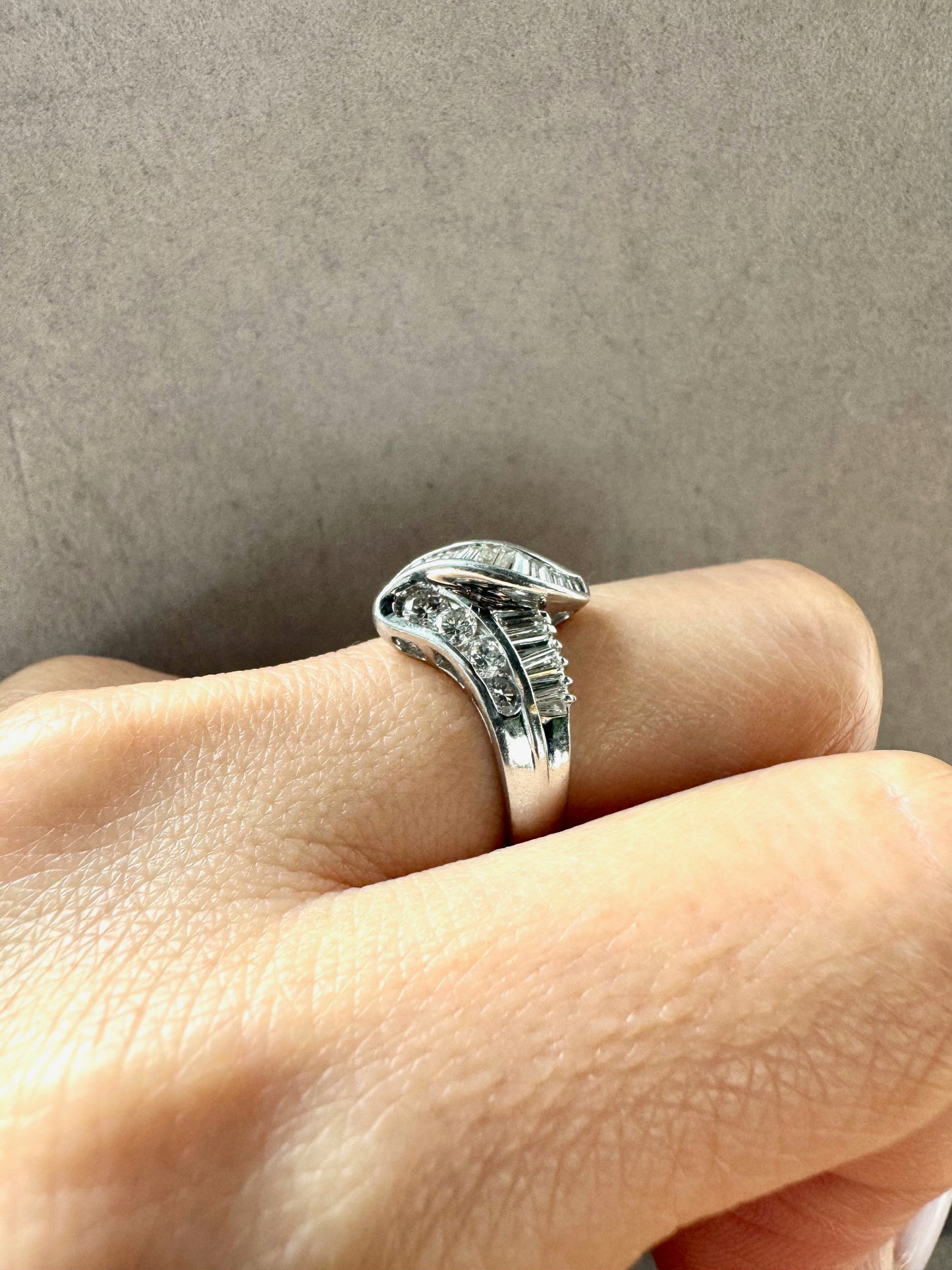 Platinum Ring with 1ct Baguette and Round Diamonds