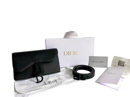 CHRISTIAN DIOR Ultra Matte Calfskin Saddle Belt Clutch Black FULLSET