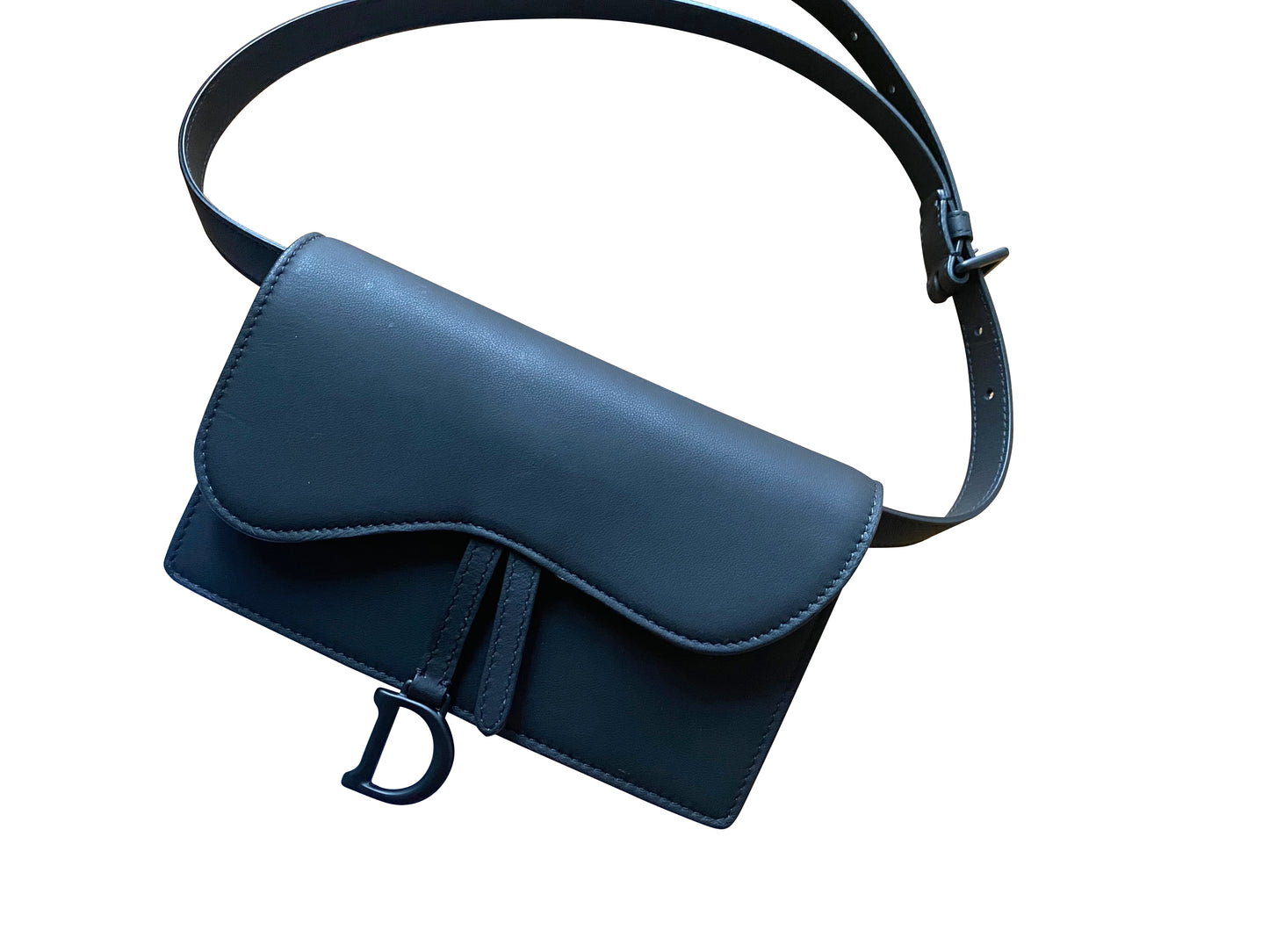 CHRISTIAN DIOR Ultra Matte Calfskin Saddle Belt Clutch Black FULLSET