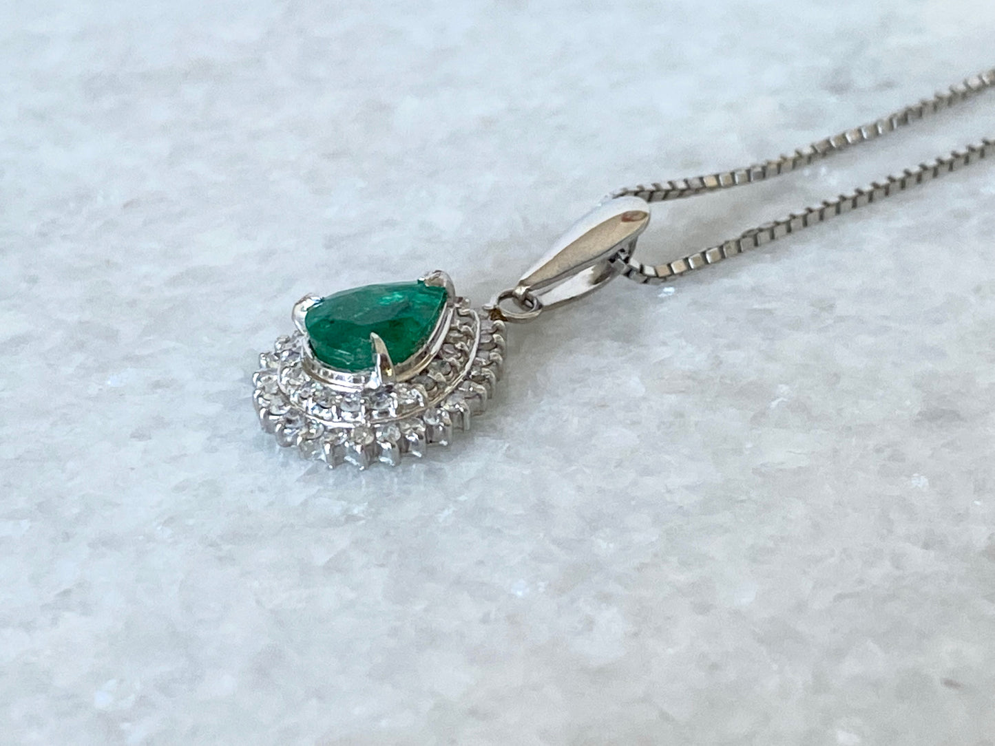 Pear Cut Emerald Pendant Necklace with Diamonds in Platinum