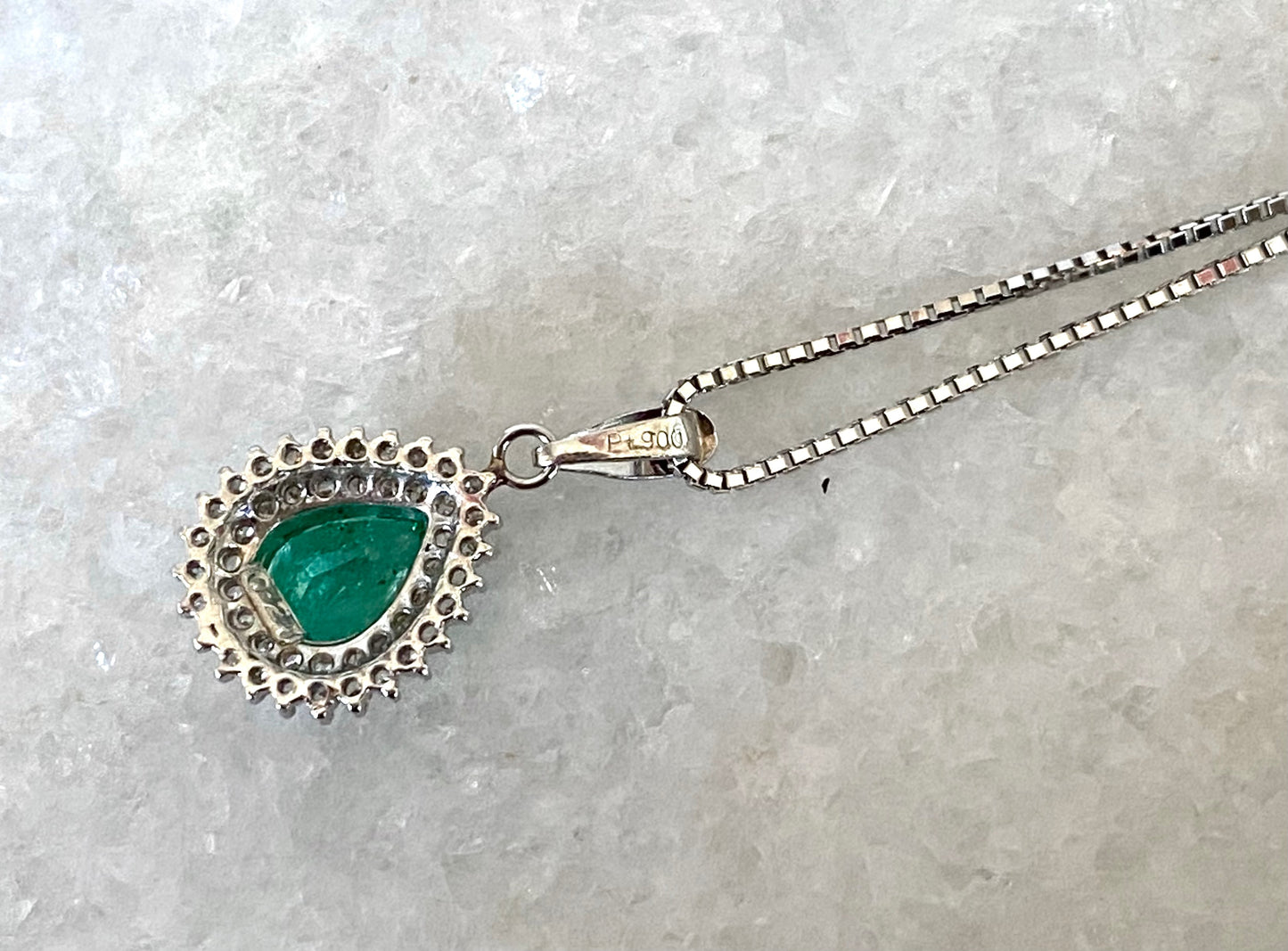 Pear Cut Emerald Pendant Necklace with Diamonds in Platinum